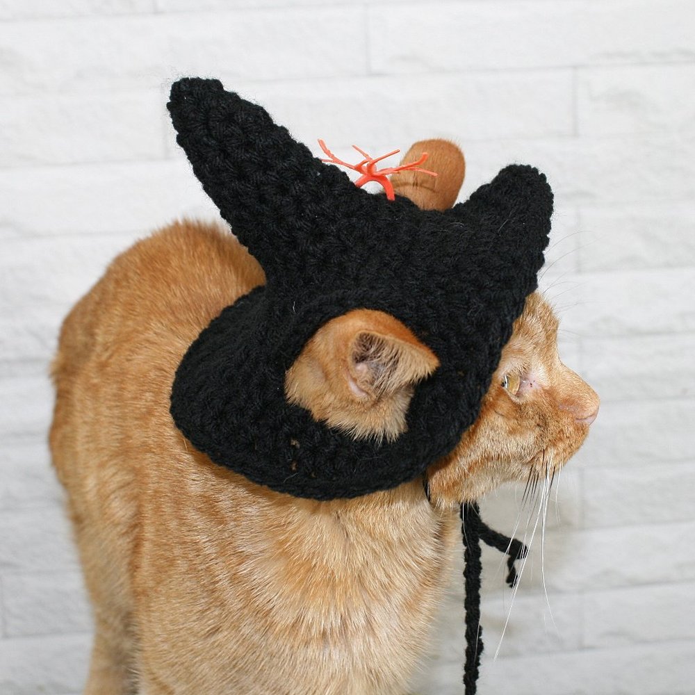 HAND CRAFTED Crochet Halloween Witch Hat Spider Cat Costume Photo Prop - Picture 5 of 13